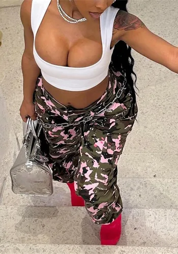Miniatura 2 de Pantalones cargo de camuflaje para mujer, cintura alta, holgados, pierna ancha, camuflaje militar, pantalones deportivos ajustados con bolsillo