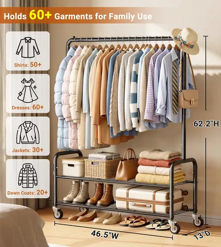 Miniatura 4 de AOODA Perchero resistente con estantes, estantes de ropa de metal de 46.5 pulgadas para colgar ropa, perchero con ruedas con cerradura para abrigos