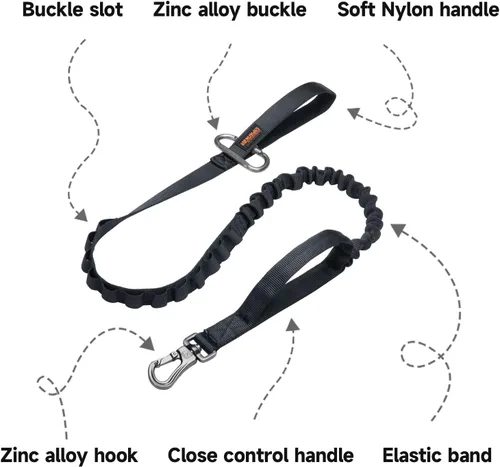 Miniatura 3 de EXCELLENT ELITE SPANKER Correa táctica elástica para perros con bungee, correa militar ajustable de liberación rápida con 2 asas de control (Negro)