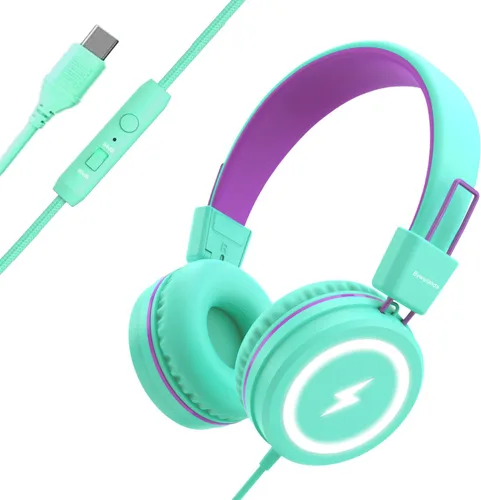 Miniatura 11 de Bywulanda Auriculares para niños con luces LED para la escuela, auriculares USB tipo C para niños con micrófono, limitador de volumen 85/94 dB