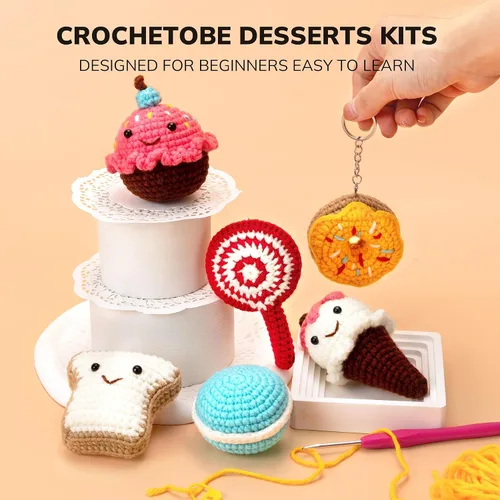 Miniatura 4 de Crochetobe Kit de ganchillo para adultos principiantes - 6 postres, kit completo con instrucciones detalladas, tutoriales en video