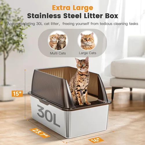 Miniatura 2 de Tripamin Caja de arena para gatos de acero inoxidable XL de 15 pulgadas, lados altos XXL de acero inoxidable con tapa, caja de arena de metal