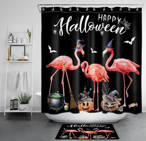 Miniatura 20 de LB Cortina de ducha de feliz Halloween para baño, flamenco rosa y calabaza naranja con sombrero mágico, cortina de ducha de tela con ganchos, juego
