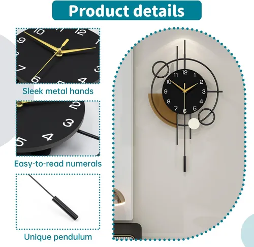 Miniatura 5 de Reloj de pared grande decorativo con péndulo, funciona con pilas, cuarzo de calidad silenciosa, reloj moderno para sala de estar, dormitorio