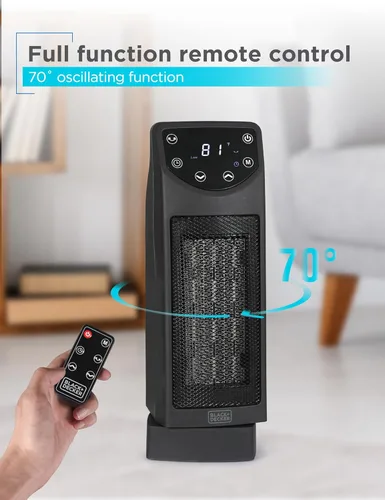 Miniatura 3 de BLACK+DECKER Calentador de escritorio de cerámica oscilante con control remoto con termostato ajustable, negro