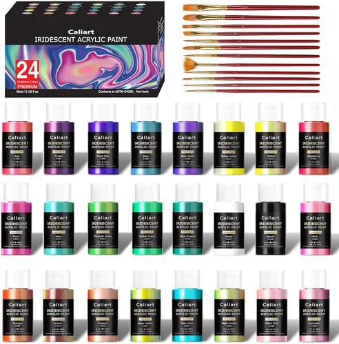Caliart Pintura acrílica iridiscente, 24 colores camaleones en botellas de 2.0 fl oz/2 onzas con 12 pinceles, pinturas de arte que cambian de color