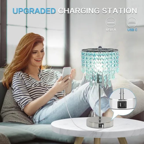 Miniatura 4 de Lámpara de mesa de cristal con control táctil, lámparas de mesita de noche con doble USB para dormitorio, lámpara de mesita de noche regulable de 3