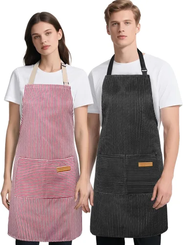 Miniatura 10 de Paquete de 2 Delantales de Cocina, Delantales Suaves para Mujeres y Hombres con 2 Bolsillos, Delantal de Chef con Correa Ajustable para el Cuello