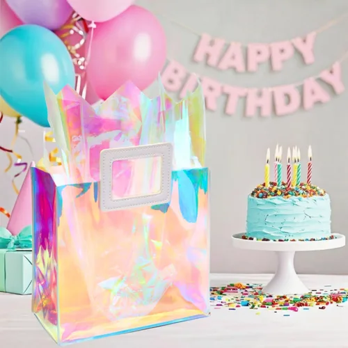 Miniatura 2 de Bolsa de regalo holográfica pequeña de 8.3 pulgadas con papel de seda, reutilizable, bolsa de regalo de cumpleaños para niñas y mujeres, S