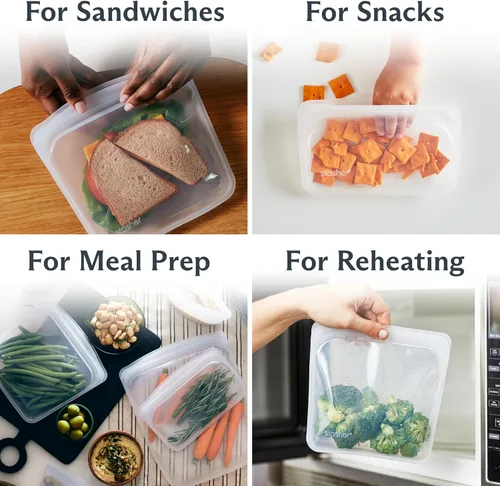 Miniatura 2 de Bolsas reutilizables de almacenamiento de alimentos Stasher de silicona premium, paquete de 4, transparentes, bolsas de almacenamiento de alimentos