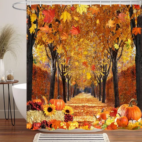 Miniatura 7 de Linda cortina de ducha de otoño para caravana, remolque, baño, campamento, pequeña, estrecha, corta, de tela, decoración de campamento feliz