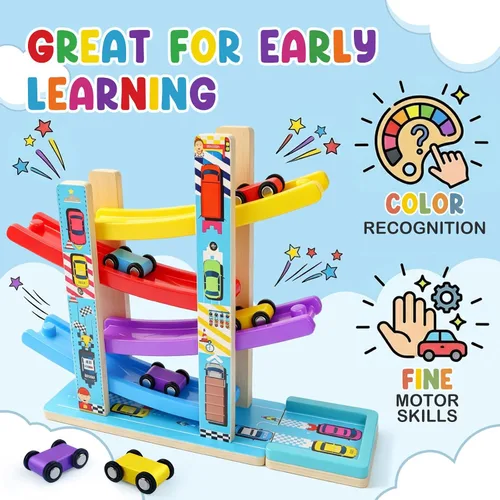 Miniatura 4 de Heirio Juguetes Montessori para niños y niñas de 1, 2 y 3 años, juguete de rampa de madera sin montaje con 4 autos de carreras y estacionamiento