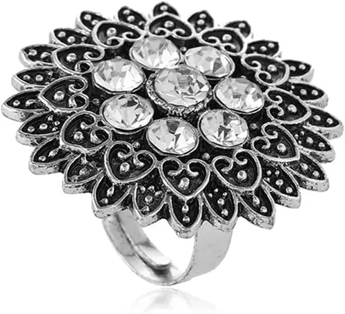 Anillo bohemio con diseño de flor para mujeres y niñas, racimo redondo de circonita cúbica, vintage, oxidado, con forma de corazón, hoja de pétalo,