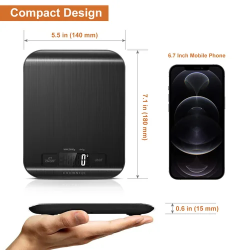 Miniatura 6 de CROWNFUL Báscula de Alimentos, Básculas Digitales de Cocina de 11 lb con Batería Tipo Moneda Integrada, Pesa en Onzas y Gramos para Cocinar y Negro