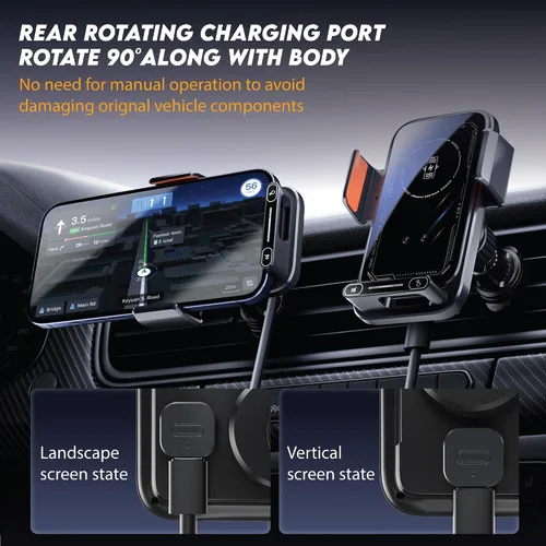 Miniatura 5 de Soporte inalámbrico para teléfono con cargador de automóvil, 15 W, con sujeción automática de 15 W, control de gestos, rotación automática de 90