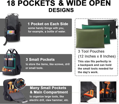 Miniatura 3 de Mochila de herramientas para hombres de 18 pulgadas resistente al agua de servicio pesado con múltiples bolsillos, organizador de bolsa de Negro