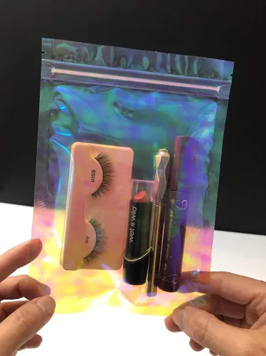 Miniatura 6 de Bolsa de embalaje resellable holográfica rosa transparente con cremallera para almacenamiento de alimentos, brillo de labios, pestañas, joyas