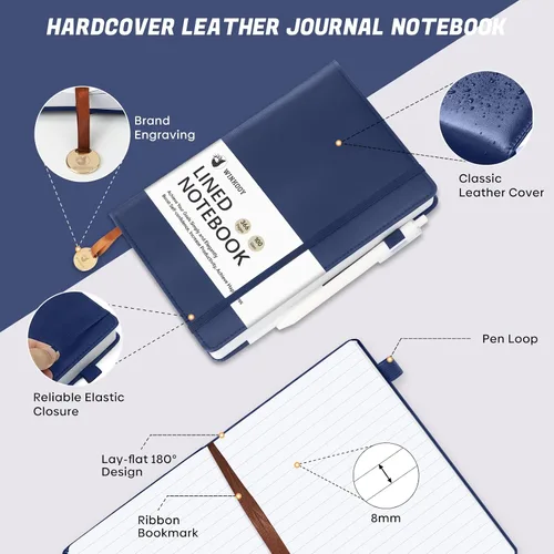 Miniatura 4 de Winkooy Cuaderno rayado, 366 páginas, 100 g/m² cuadernos con tapa dura de cuero para escribir, cuaderno clásico rayado A5 grueso para la universidad