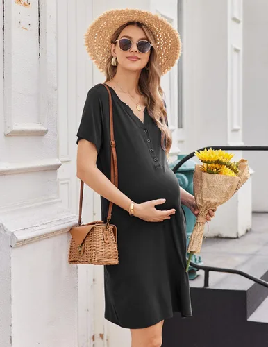 Miniatura 3 de Ekouaer Camisón de enfermería a rayas para mujer, manga corta, vestido de dormir para lactancia materna, partobata de trabajo