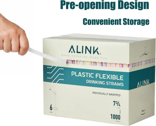 Miniatura 5 de ALINK 1000 popotes de plástico flexible de neón, envueltos individualmente, popotes flexibles desechables, 7.75 x 0.23 pulgadas