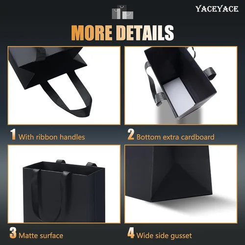 Miniatura 4 de Bolsas de regalo negras a granel, 20 bolsas de regalo de papel negro medianas de 8 x 4.25 x 10.5 pulgadas con asas de cinta, bolsas de regalo
