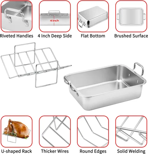 Miniatura 7 de Asador rectangular de acero inoxidable de 15 pulgadas con estante en forma de V y tostador de pavo, tostador rectangular para pavo, pollo, verduras