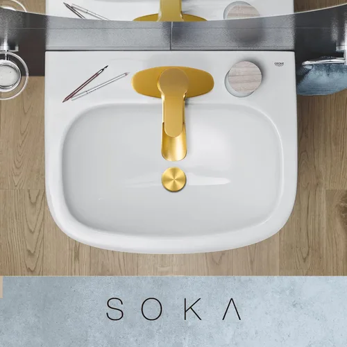 Miniatura 9 de SOKA Grifo dorado para lavabo de baño con cascada, grifo de lavabo de un solo orificio con drenaje emergente, grifo moderno para fregadero de tocador
