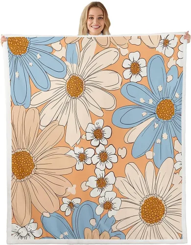 Miniatura 15 de Manta de vellón Kawaii Mushroom Boho – Hippie Groovy Floral Sherpa Queen – 60s 70s Retro Vintage Theme Throw – Chic Daisy Flower Plush Geometric