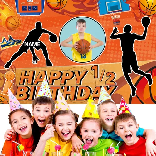Miniatura 6 de Cartel personalizado de decoración de fiesta de cumpleaños de medio año, tema de baloncesto personalizado, fondo de deportes de baloncesto de feliz