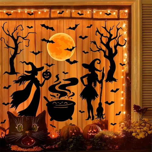 Miniatura 2 de Calcomanías de Halloween para ventana, calcomanías de brujas negras, calcomanías de pared de Halloween, murciélagos de árbol negro, murales de arte