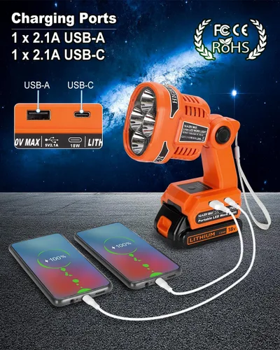 Miniatura 4 de Adisipsoarin Linterna LED inalámbrica para batería Black and Decker de 20 V, luz de trabajo LED de 22 W con puertos de carga rápida USB-A y USB-C