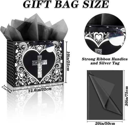 Miniatura 2 de JWSCYSY Bolsa de regalo grande de 12.6" negra con diseño floral cruzado dorado metálico, tarjeta y papel de seda para bautizos, bautizos, primeras