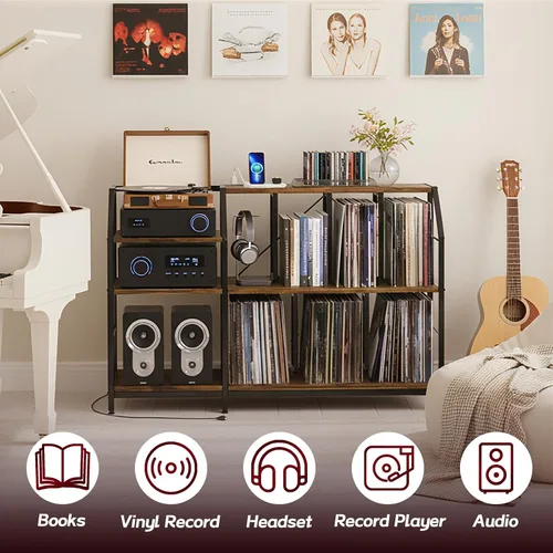 Miniatura 7 de Faesun Soporte grande para tocadiscos de 51.7 pulgadas con almacenamiento de discos de vinilo y tomas de corriente, gabinete de almacenamiento