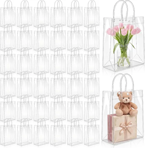 Miniatura 16 de LEIFIDE 50 bolsas de regalo de plástico transparente con asas, de PVC, reutilizables, transparentes, bolsas para dulces, escuela, fiesta