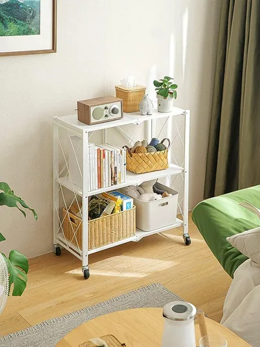 Miniatura 2 de Estantes plegables de 3 niveles con ruedas, estilo industrial, estantes de almacenamiento de metal resistentes para el hogar, cocina, dormitorio