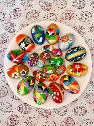 Miniatura 9 de Huevos de madera pintados a mano de Pascua polacos (Pisanki) Huevos decorativos para Pascua, juego de 6 huevos medianos