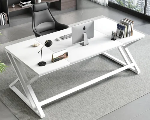 Miniatura 7 de HSH Escritorio blanco para computadora de 70.8 pulgadas, moderno escritorio de oficina grande y largo de metal de madera, escritorio de trabajo