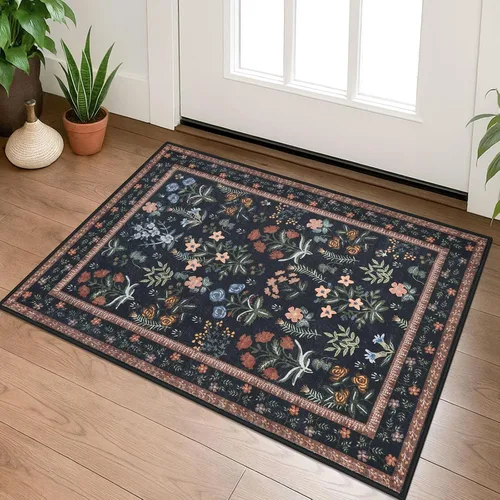Lansny Alfombra bohemia de 2 x 3 pulgadas, lavable, color negro, azul marino, floral, alfombra de cocina, alfombra de área pequeña de lana