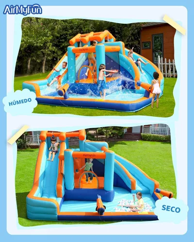 Miniatura 6 de AirMyFun Tobogán acuático inflable para patio trasero de niños, Mega parque acuático 9 en 1 con toboganes de carreras duales, pista deslizante larga