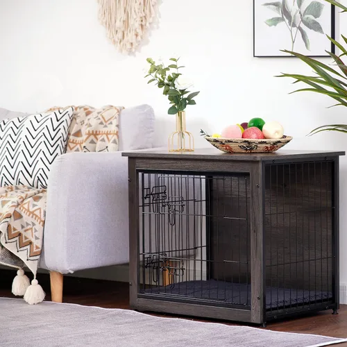 Miniatura 3 de DWANTON Mueble de jaula para perros con cojín, mesa de madera para perros con puertas dobles, casa de perro de interior, tamaño pequeño, mediano