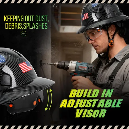 Miniatura 3 de Casco duro de ala completa con patrón de fibra de carbono con visera, casco de seguridad de construcción aprobado por la OSHA para hombres