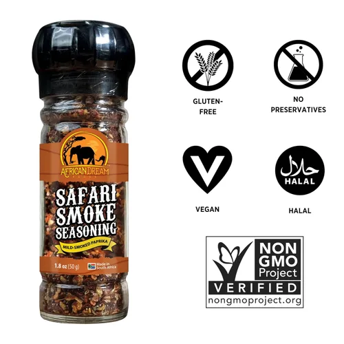 Miniatura 3 de African Dream Foods Mezcla de condimentos con humo Safari con pimientos ahumados, sal marina Ideal para carne, pollo, verduras Molinillo
