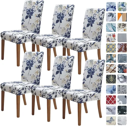 Miniatura 24 de SPRINGRICO Paquete de 6 fundas blancas para sillas de comedor, fundas elásticas para sillas de comedor con diseño floral, de elastano lavable