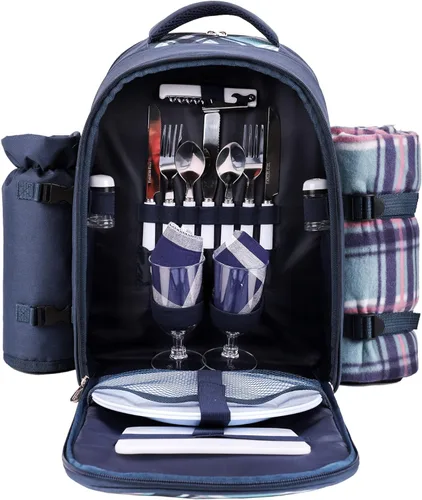 Mochila para picnic Apollo Walker para 2 personas con compartimento enfriador, soporte desmontable para botellas/vino, manta de vellón, platos y Azul