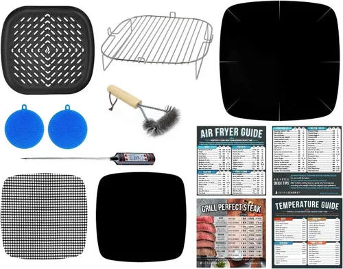 Accesorios para freidora de aire con estante, sartén para parrilla, guías de hojas de trucos para freír aire y forros reutilizables para Ninja,