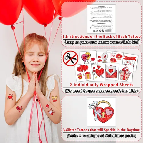 Miniatura 2 de Partywind 204 estilos de purpurina para el día de San Valentín, tatuajes temporales para niños, suministros de fiesta de San Valentín, regalos