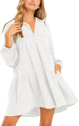 Vestido tipo túnica casual para mujer, color liso, con vuelo, de manga larga, holgado, con bolsillos