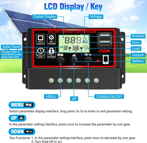 Miniatura 4 de Controlador de carga solar MPPT de 30 A, regulador de panel solar de seguimiento automático de 12 V/24 V con pantalla LCD, puerto USB dual, modos