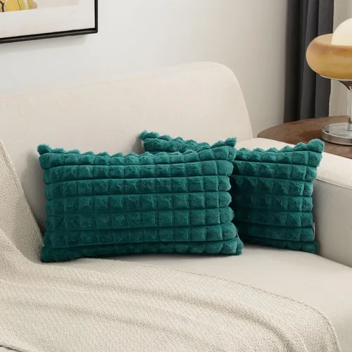 Miniatura 28 de FUTEI Juego de 2 fundas de almohada decorativas burdeos de 22 x 22 pulgadas, fundas de cojín cuadradas color rojo vino, a cuadros de piel sintética