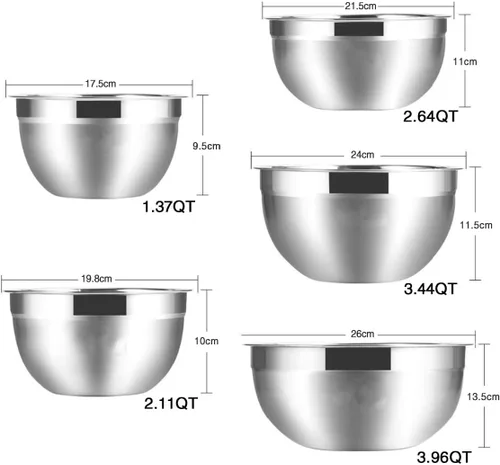 Miniatura 2 de Juego de 5 tazones de acero inoxidable, utensilios para cocina, multifuncionales, apilables, aptos para lavavajillas, 3.75 L, 3.25 L, 2.5 L, 2 L